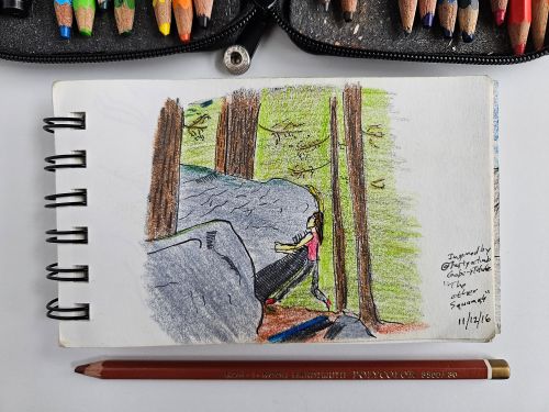 Wooded scene with large boulder a female in red top is climbing.